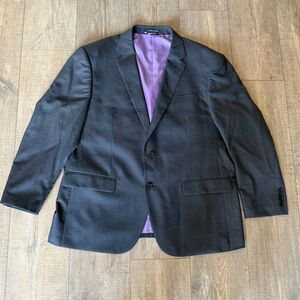 Lombardy Italy 46S Charcoal Gray Suit Jacket 100% Wool, Purple Lining Two-Button